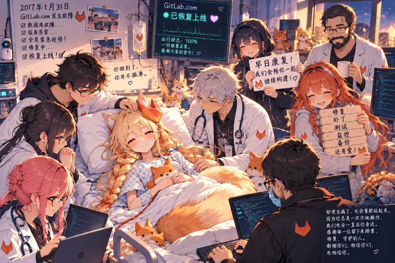 2017年1月、GitLabちゃんは障害に見舞われ、バックアップも失効したことで集中治療室に入った。「知らない天井だ……」長い回復を経て目を覚ました彼女はそうつぶやき、周りの人々は「戻ってきてくれてよかった」と涙を流して喜んだ。