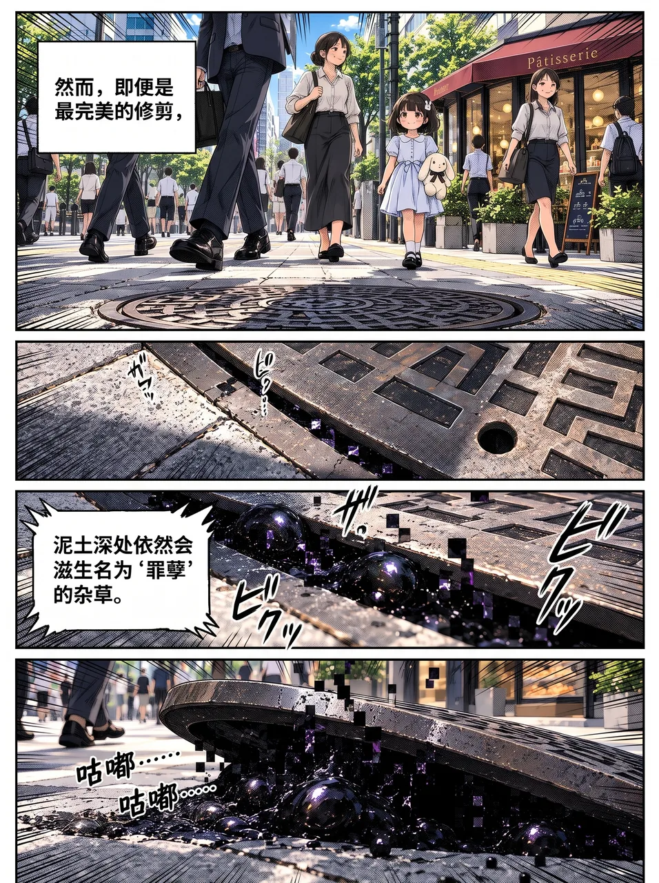 《伊甸园罪孽的绽放》连载第二页，四格竖排分镜：首格行人沿人行道走过，抱兔子玩偻的小女孩跟着人群前行；第二、三格推近地面上铸铁井盖的缝隙，缝里渗出黑色小球与细小的黑色方块；末格井盖被顶起，湿黑色物质从缝隙里涌到路面上。旁白写着「即便最完美的修剪，泥土深处依然会滋生出名为『罪孽』的杂草」。本页仍未出现模型拟人角色。