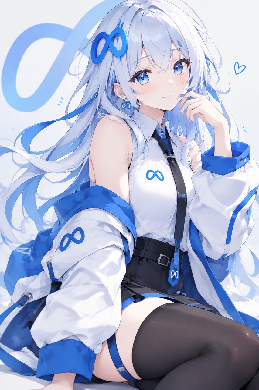 以蓝白为主色调的 Muse 模型拟人化少女,头饰与服装多处点缀无限符号,展现温柔知性的 AI 娘形象。