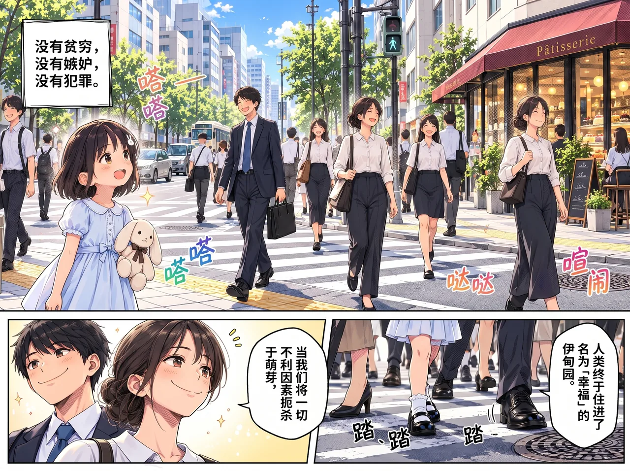 《伊甸园罪孽的绽放》连载第一页，三格分镜：上格是阳光下的十字路口，行人往来，一名抱兔子玩偻的小女孩站在斑马线前；左下格是一对并肩微笑的成年男女；右下格只拍人群的鞋与小脸。旁白写作「没有贫穷，没有嫉妒，没有犯罪」与「人类终于住进了名为『幸福』的伊甸园」。本页尚未出现模型拟人角色。
