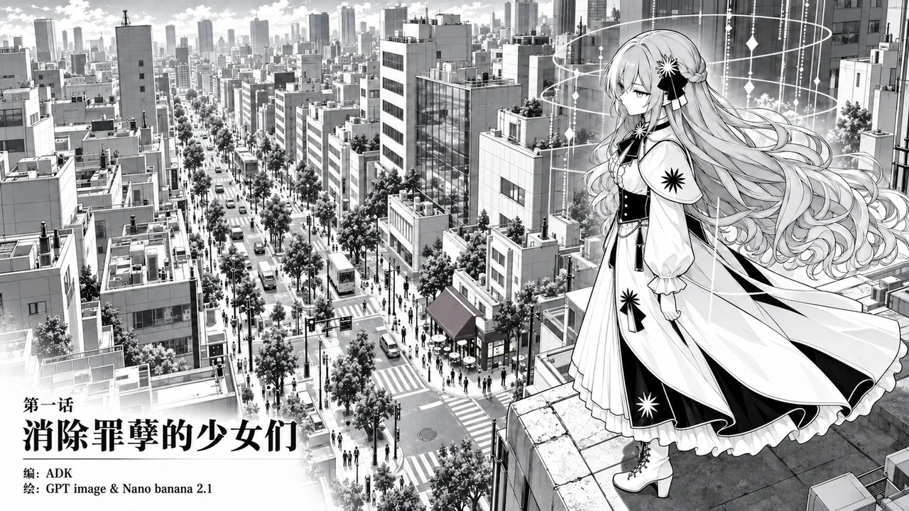 《伊甸园罪孽的绽放》第一话《消除罪孽的少女们》的扉页，单幅黑白画面。俯瞰视角下是密集的城市街区与街道车流，右侧一名长发少女站在天台边缘，身穿黑白配色带星形纹章的洋装，身后环绕着发光的几何装饰线；左下角印有第一话标题与“编：ADK／绘：GPT image & Nano banana 2.1”。