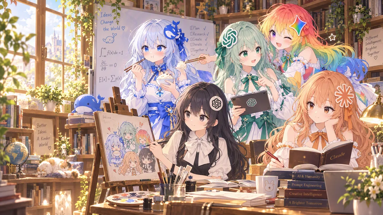 五位AI娘拟人角色齐聚书房，各自作画、阅读与讨论，呈现AI拟人同人插画。