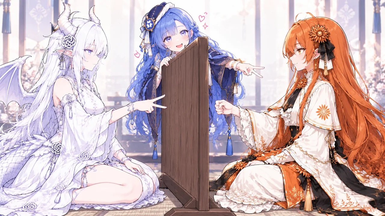青い髪のQwenちゃんが木の板から顔を出してピースサイン。頭の上にはハートと星が浮かび、左右のAI娘が彼女を指さしたり拳を握ったりしている。