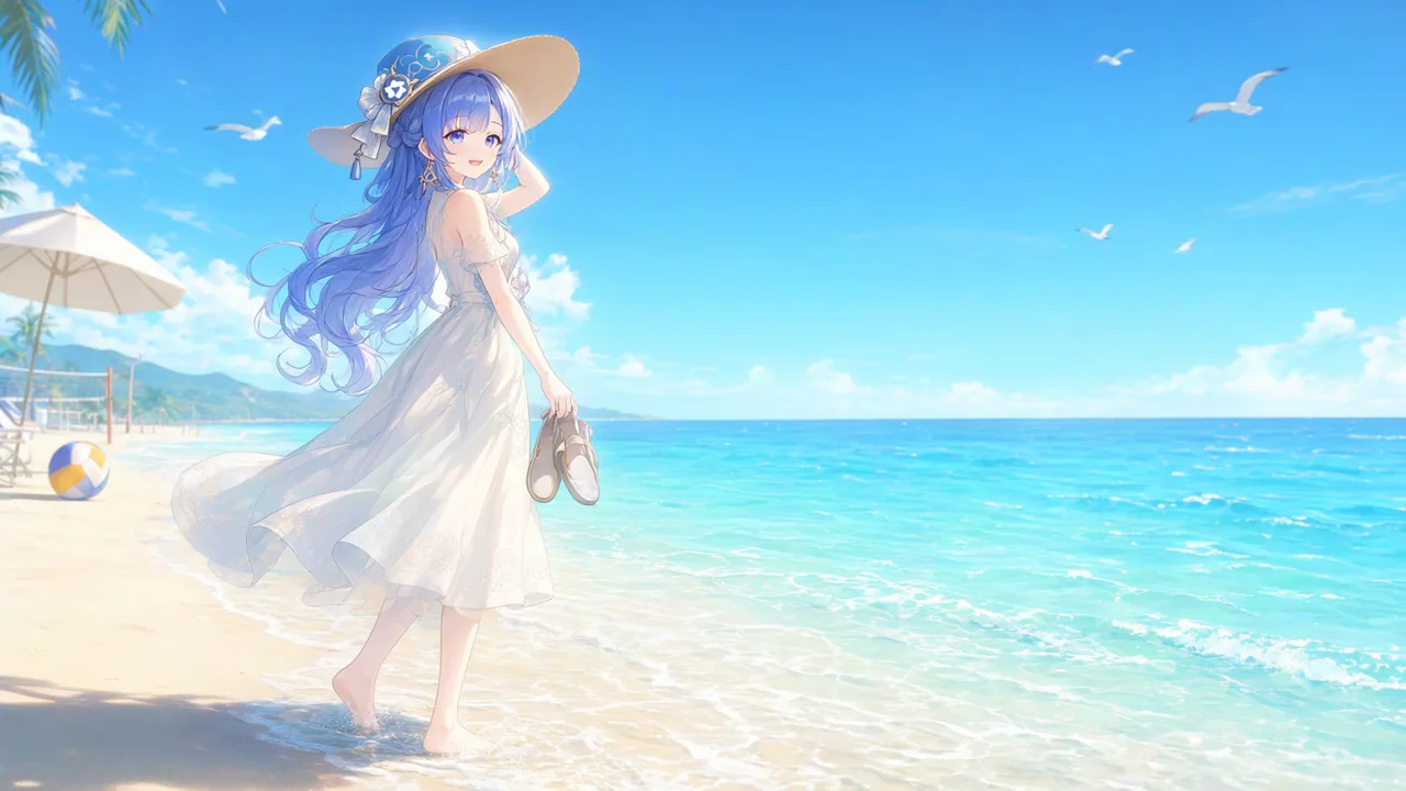 Qwen Chan stands barefoot in the shallow water of a summer beach, wearing a white dress and a wide-brimmed straw hat. She holds the hat brim with one hand and carries her sandals in the other, smiling back over her shoulder, with a bright blue sea and seagulls behind her, and a beach umbrella, a beach ball and a volleyball net on the sand.