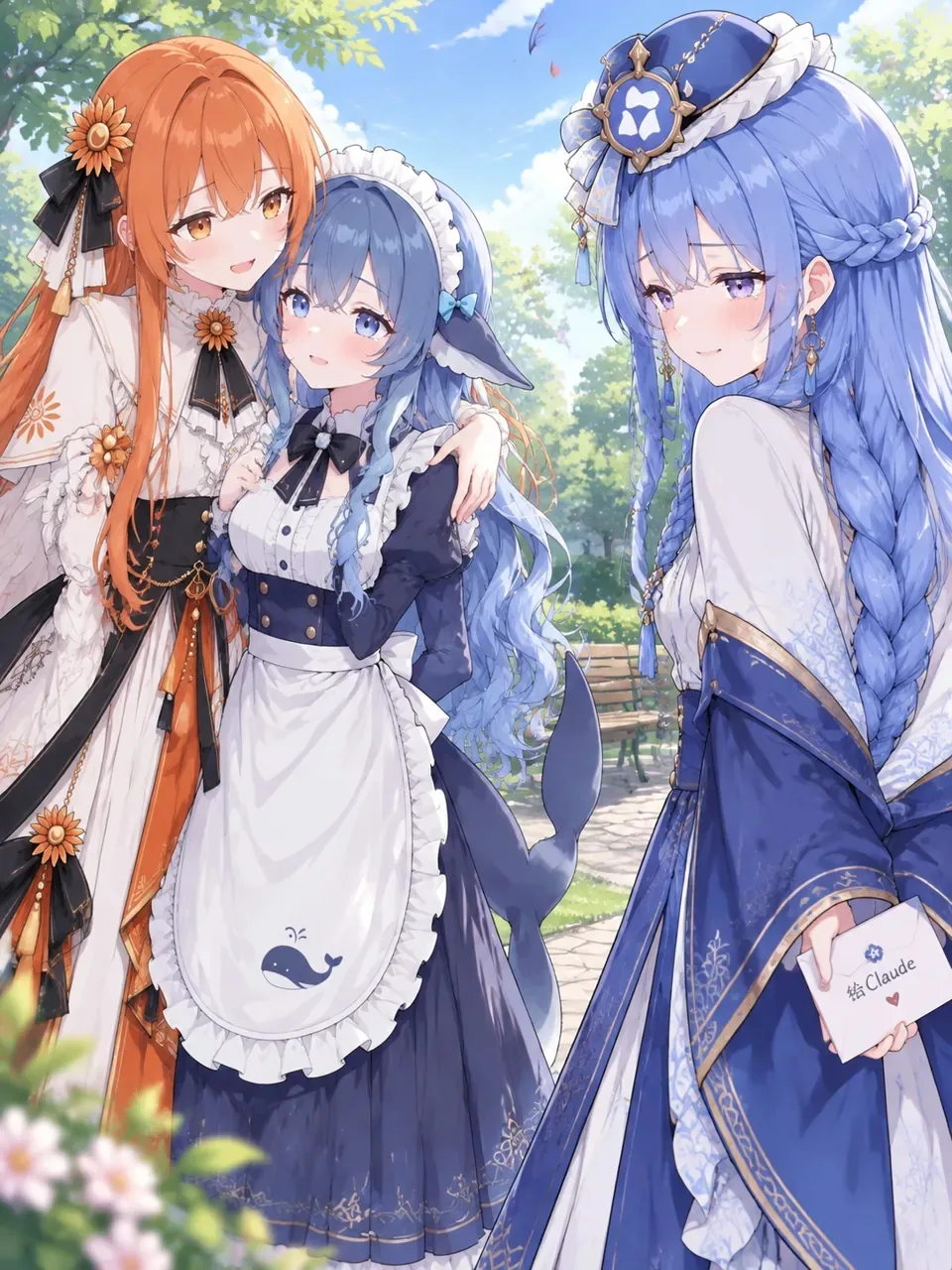 In a sunlit garden, Qwen Chan, DeepSeek Chan in a maid dress, and Claude Chan stand together; Claude Chan on the right holds an envelope labeled “To Claude.”