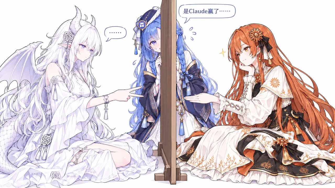 白色长发的独角少女伸出食指指向右边，中间戴蓝色头饰的少女沉默无语，右侧红发少女摊手微笑，气泡里写着「是Claude赢了……」，画面中央立着一根木柱。