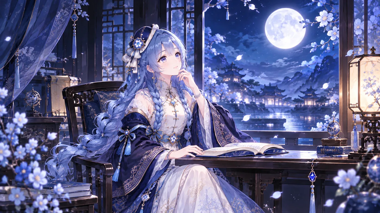 The Qwen personification in this image sits at a desk by a window, her long blue hair in a thick braid, wearing a blue-flowered hat and a Chinese-style dress with blue and gold patterns over white. One hand props up her chin as she gazes outside; a book lies open on the desk and a lantern stands at the right, with a full moon, a lake, pavilions and falling petals beyond the window. According to the submission note, the background was generated based on the Qwen design published by zipzippine.