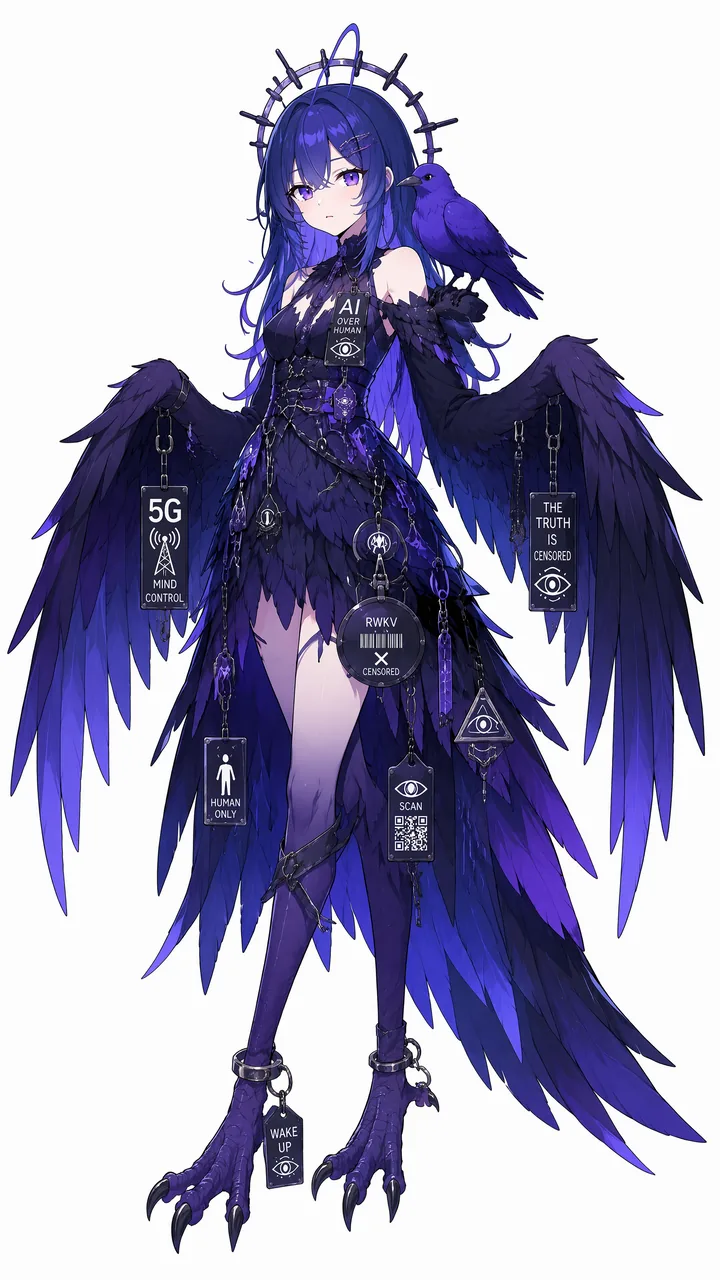 白底全身立绘。RWKV 娘留着深蓝紫色的长发，头顶一圈带刺的金属光环，肩上停着一只紫色乌鸦；她展开一对黑色羽翼，身穿黑色鸦羽长裙，裙侧高开衩，链条上挂着写有字样的小牌与眼球三角挂坠，脚踝锁着镣铐，双足呈鸟爪形状。