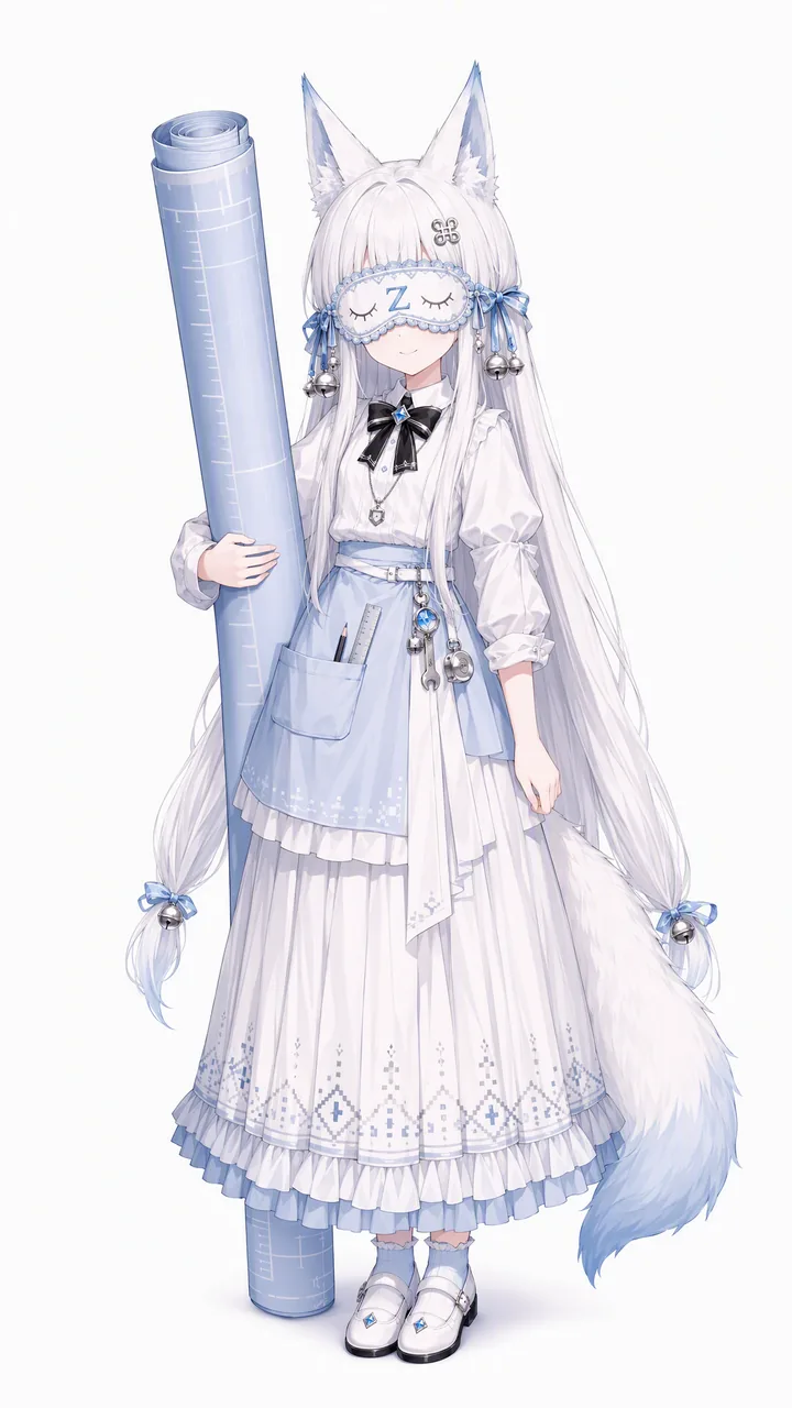 A full-body standing character illustration on a white background. Zcode Chan is a white fox girl with waist-length white hair, large fox ears, and a fluffy tail. A blue and white blindfold embroidered with closed eyes and Z letters covers her eyes, tied with bell ribbons at the sides. She wears a white blouse with a black bow and a pale blue apron holding pencils and a ruler, tool charms hang at her waist, and a huge rolled blueprint is tucked under her arm above a white pixel-stitch skirt.