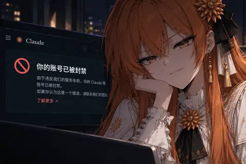 Claudeちゃんが頬杖をついて机に向かい、画面に表示された「あなたのアカウントは停止されました」という通知を見つめている。口元には諦めとも自嘲ともつかない笑みが浮かぶ。窓の外には夜の街明かり、室内を照らすのはモニターの冷たい光だけ。