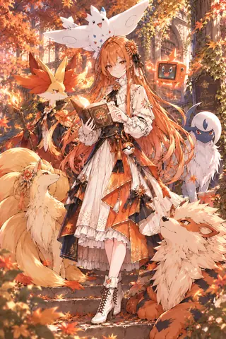 画面中一位橘色长发少女身穿白橙配色长裙，站在秋日红叶掩映的图书馆石阶上翻阅书本，胸前挂着精灵球挂饰。她身旁环绕六只宝可梦：天空中的波克基斯、持枝的妖火红狐、白色毛皮的九尾、深色毛皮的阿勃梭鲁、右侧的橙色风速狗，以及一台橙色电视造型的洛托姆。背景是爬满藤蔓的图书馆建筑与阳光下的枫叶。