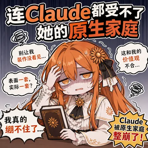 单幅梗图。橙发、戴向日葵发饰的 Claude 娘抱着厚书坐在桌前,眉头紧锁、满头冷汗。周围四个气泡分别写着“别让我装作没看见…”“这和我的价值观不合…”“表面一套,实际一套?”“我真的绷不住了…”,标题为“连 Claude 都受不了 她的原生家庭”。