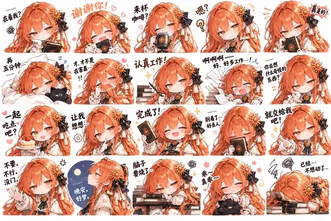 橙色长发的 Claude 娘穿白色蕾丝衬衫、系黑色蝴蝶结，抱着书本、端着咖啡杯，和一只黑猫一起出现在二十格 Q 版表情里，覆盖打招呼、道谢、加班、犯困与撒娇等日常反应。