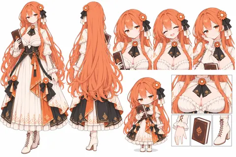 オレンジと白のドレス姿の Claude ちゃんの設定資料（原型はサイト内作品 claude202610030001）。正面と背面の全身立ち絵、3 種類の表情差分、ちびキャラの全身像に加え、襟元の花飾り・編み上げのフリル袖口・印刷入りの本・編み上げヒールブーツの細部分解を収録。