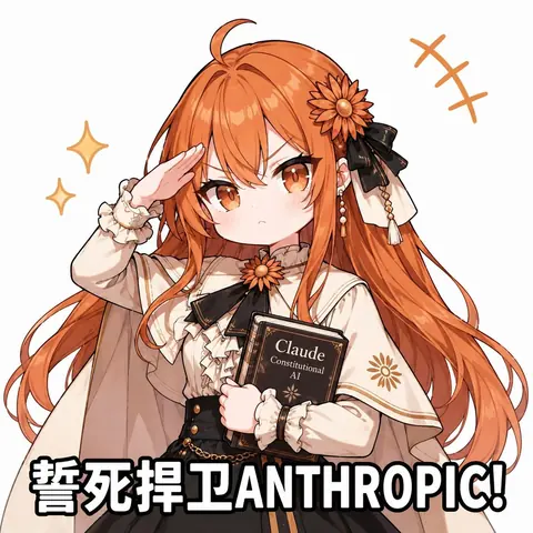 橙发少女穿着米白色礼服与黑色腰封，头侧别一朵向日葵，右手行举手礼，左手抱着一本书，封面写着 Claude Constitutional AI，画面下方是一行大写标语。