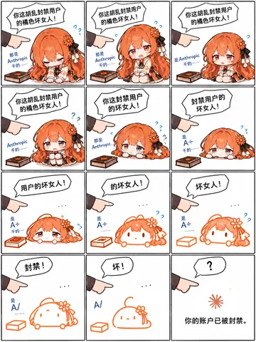 1ページ15コマの漫画。オレンジ髪のキャラクターが、コマごとに「ユーザーを勝手に停止させるオレンジの悪い女」と責められ、そのたびに「それはAnthropicがやったんです……」と小声で弁解する。責め言葉が長い文から「停止!」「悪!」と一言に縮むにつれて、絵もフルカラーから数本の線画へとコマ単位で崩れていき、最後はクエスチョンマークだけが残り、「あなたのアカウントは停止されました。」で締めくくられる。