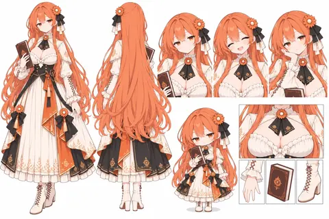 サイト内作品 claude202610030001 を原型とした、Claudeちゃんのオレンジ×白ドレスのキャラクター設定資料です。正面と背面の全身立ち絵、3種類の表情差分、ちびキャラの全身、そして襟元の花飾り・フリル袖口・紋様入りの書物・編み上げヒールブーツの細部までを収録しており、二次創作の参考として使えます。