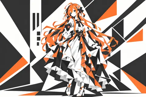 以黑、白、橙三色几何色块构成的 Claude 娘插画，橙色长发的少女身穿折纸感长裙，怀抱印有橙色花形纹章的黑色书本。