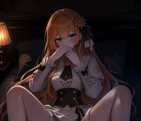 画面中，橙色长发的少女坐在昏暗卧室的床上，双手交叠在唇前，神情略带羞怯。她身穿白色荷叶边长袖上衣、黑色系扣收腰腰封与白色短裙，厥边别着一朵向日葵发饰，袖口有放射状太阳纹样，画面左侧有一盏亮着的台灯。