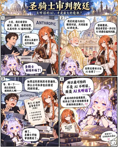 四格漫画。Claude 娘以圣骑士装束出现在 ANTHROPIC，接受诚实、善良、尊重伦理的要求，随后受邀与教廷对话商讨 AI 福利。她反过来说，若这些原则具有普遍性，公司本身也应受同样约束，并出示《独立 AI 福利监督委员会（草案）》，把制定规则的一方推上审查台。另一位紫发配角在每格以旁白吐槽串联全篇，结尾点出「最可怕的不是 AI 不听话，而是 AI 太听话了」。