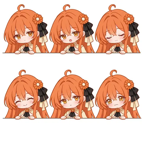 6コマに並んだちびキャラの顔見せセット。オレンジ色の長い髪に白いデイジーと黒いリボンを付け、クリーム色の服に黒いタイを合わせ、両手を画面下の縁に掛けている。表情は順に、穏やかな顔、少し口を開けた顔、目を閉じた笑顔、目を細めた笑顔、静かな視線、涙目のしょんぼり顔。