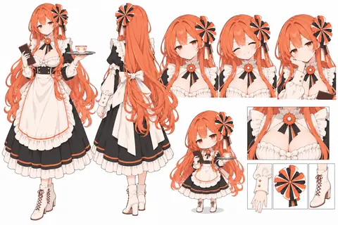 ZipZipPipe の鯨モチーフのキャラクターに着想を得た、メイド服姿の Claude ちゃんの設定資料。正面と背面の全身立ち絵、3 種類の表情差分、ちびキャラの全身像、そして襟の花飾り・袖口・髪飾り・ブーツのディテール分解を収録している。