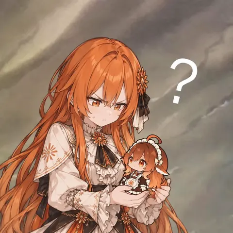 Claude 娘双手捧着一只 Q 版玩偶,低头盯着它,额头挂着汗珠、神情疑惑,头顶浮着一个问号。让她犯嘀咕的是玩偶头顶那撮形似鱼尾的卷发:这只被人叫作 “Claude” 的小家伙,怎么看都鱼里鱼气。背景是灰调云层,画面为单幅构图。