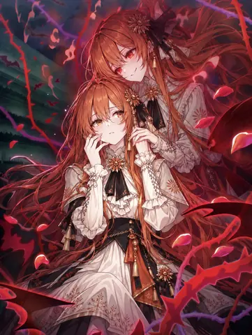画面中两位橙红长发的少女身着白色荷叶边连衣裙，佩戴向日葵状发饰，一前一后相拥而立。后方少女贴近前方少女耳畔低语，红色眼眸带着笑意；四周是暗色背景、血色荆棘与飘落的花瓣，远处有蝙蝠掠过。