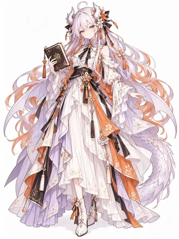 银紫长发少女的单人全身立绘：额前一对晶状角饰，配白色花饰与橙黑发带，手持一本烫金封面的深色书册；身穿白、橙、黑三色层叠长裙，袖口与裙摆布满花卉暗纹，背后垂着羽毛状装饰，脚踩饰花短靴。白底构图，重点展示角色造型与服装细节。