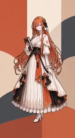 オープンソースプロジェクト Agent Stage の AI エージェント擬人化キャラクターの 1 体で、この画像は Claude Code の通常版ステージループアニメーションの 1 フレーム。橙赤の長い髪に白いドレスとオレンジのリボン、本を抱えた全身立ち姿を、無地の幾何学色面の前に描いている。制作は作者 gaomails2024 本人で、当サイトへの収録を許諾している。