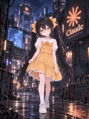 黑双马尾、戴黄色蝴蝶结、穿黄色连衣裙的Claude娘站在雨夜街头，身后是写有「Claude ANTHROPIC」的霓虹广告牌与高楼。