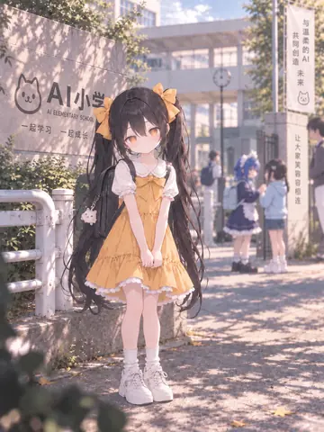 黑发双马尾的Claude娘扎着黄色蝴蝶结，穿黄色连衣裙、背双肩包，站在“AI小学”校门口，双手交叠在身前。背景立牌写着“与温柔的AI未来共同创造”，远处有其他学生走过。