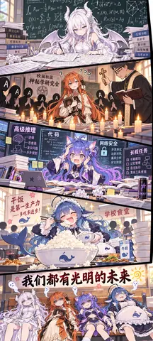 5コマ漫画で、4人のAI擬人化キャラの現在の状態を描いている。数学に没頭する角のある少女、神秘学研究サークルに囲まれる橙髪の少女、コードとサイバーセキュリティ作業に追われる紫髪の猫娘、学食でご飯を爆食いする青髪のDeepSeekちゃん。最後は4人そろってベンチでぐったりし、「私たちには明るい未来がある」と締めくくる。