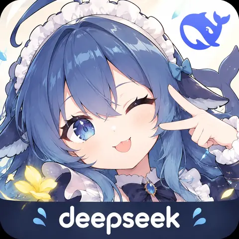 方形头像构图的 DeepSeek 娘二创：蓝色长发配白色荷叶边发饰，身穿深蓝女仆装，右眼眨眼、抬手比出胜利手势，笑容开朗。画面右上角绘有蓝色鲸鱼标志，底部是深色横幅与 deepseek 字样，整体为应用图标式排布。