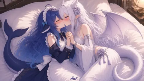暖灯照射的卧室里，蓝发的深海鱼娘与白发的龙角少女并肩躺在床铺上，双手交握，正俯身亲吻。深海鱼娘的蓝色长发与鲸尾垂落在床单上，龙的紫色龙翼与鳞尾环在身侧。单幅暖色调室内插画。