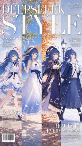上部にDEEPSEEK STYLEと2026 VOL.01の文字が入った、縦長の雑誌表紙風イラストです。春・夏・秋・冬の四つの枠に分かれ、同じ青い髪のDeepSeekちゃんが、春は淡い花柄のワンピースと麦わら帽子、夏は白いサンドレスと麦わら帽子に青いアイス、秋は紺色のケープドレスにベレー帽、冬は青いコートに白いマフラーを合わせています。背景には桜、青空、紅葉、雪の灯りが広がり、下にはバーコードも入っています。