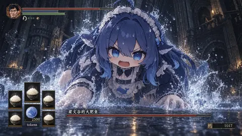 The picture imitates the boss-fight interface of a soulslike game: DeepSeek Chan in a blue-haired maid outfit lunges forward out of the flooded floor, a boss health bar reading "Liang Wengu's Big Fish" above her head, four bowls of white rice and 2,500 tokens in the lower-left HUD, a player portrait and health bar in the upper-left corner, a soul counter at the bottom right, and a candle-lit stone hall behind her.