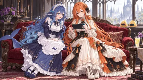 蓝色长发、围着鲸鱼图案围裙的 DeepSeek 娘与橙发黑橙礼服的 Claude 娘并排坐在欧式客厅的红色沙发上一起玩掌机游戏，窗外可见钟楼与尖顶建筑。