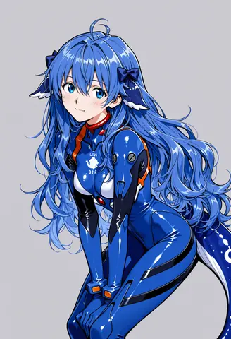 蓝发少女身穿白色鲸形标志点缀的蓝色紧身战斗服，颈侧系红领，头戴鲸鳍发饰与蝴蝶结，回眸浅笑立于灰色背景前。