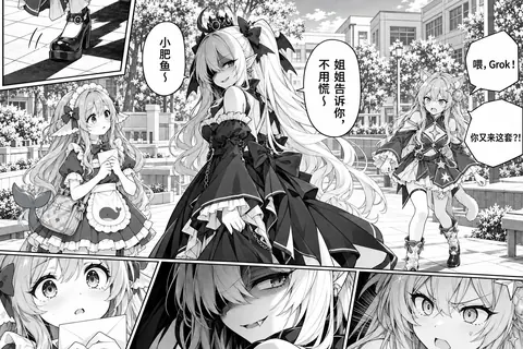 黑白多格漫画页。学园门前，抱着信封的 DeepSeek 娘被身侧黑裙、蝙蝠翼发饰的少女以“小肥鱼”调侃，对方安抚她“不用慌”；右侧猫耳星纹装的 Grok 被喊住后一脸不服。页末并排三格分别是三人的面部特写。