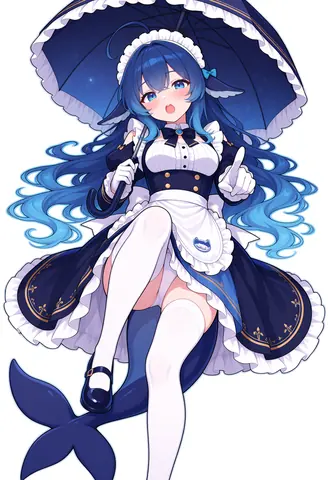 DeepSeek娘身穿深蓝女仆装撑起星空伞，单腿抬起，鲸尾从裙摆下垂落。