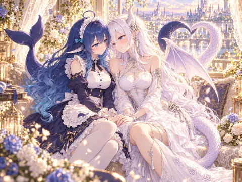 蓝发鲸尾少女与白发龙角少女并肩坐在装饰繁复的花厅里，双手相握。背景是黄昏时分的水上城堡与花树，前景点缀蓝白花束，整体色调以深海蓝与象牙白为主。两人均着礼裙，左侧角色带鲸鱼尾鳍，右侧角色带龙角、龙翼与长尾。
