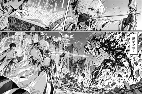 黑白漫画内页，共三格。第一格中一名身着圣职长袍的少年翻开刻有五芒星纹样的魔法书，书页上方浮起发光的法阵；第二格是白发少女拉满长弓瞄准的特写；下方大格中，她在倒塌的校舍前向一团多眼的黑色怪物射出光箭，怪物旁标注「嫉妒之罪」。