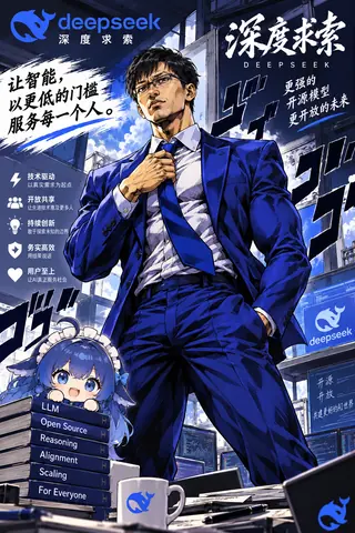 深蓝色品牌海报风格的插画：画面中央是一位身穿蓝色西装、戴眼镜、系领带的男性形象，一手整理领带，神态自信；左下角是 Q 版 DeepSeek 娘，坐在标有 LLM、Open Source、Reasoning、Alignment、Scaling、For Everyone 的书堆旁，旁边放着印有 DeepSeek 标识的马克杯。背景为「深度求索 DEEPSEEK」标题与「让智能，以更低的门槛服务每一个人。」等品牌标语，以及技术驱动、开放共享、持续创新、务实高效、用户至上五条文字条目。