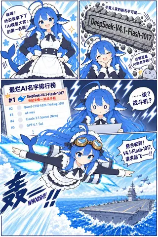 A four-panel comic: DeepSeek Chan wins first place at the AI Model Awards, but her new name, DeepSeek-V4.1-Flash-1017, tops the Worst AI Names ranking for sounding like a fighter jet. She immediately puts on goggles, straps on thrusters, and launches herself off an aircraft carrier deck.