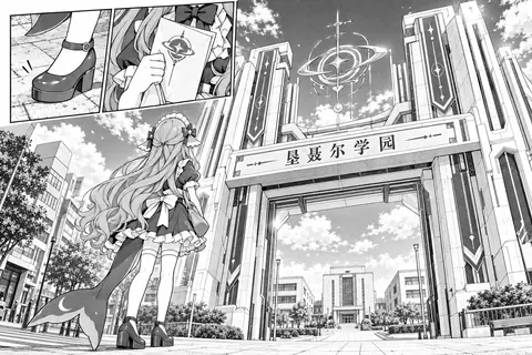 黑白漫画内页，共三格。左上小格是黑皮鞋踏在地面上的特写，带动作线；右上小格是一只手举着印有行星与蛇形校徽的录取通知书；主格中，长发少女背后拖着一条带弯月纹的鲸尾，身着深色连衣裙与白边围裙，站在刻有「垦聂尔学园」字样的大门下，门内是现代化校舍与天空。
