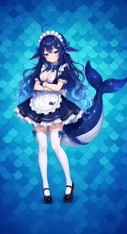 メイド服姿の DeepSeek ちゃんの全身立ち絵。濃紺の長い髪に白いフリルのヘッドドレス、背後には星の模様が入った大きなクジラの尾びれ。紺色に白の縁取りをしたメイドワンピースと白いエプロン、白のニーハイソックス、黒のメリージェーンシューズを合わせ、青いうろこ模様の背景に立っている。