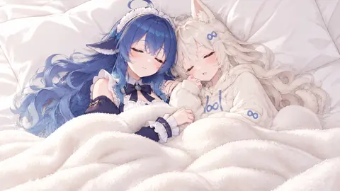 蓝色长发的DeepSeek娘与白色羊驼耳少女并肩躺在蓬松白被下闭眼安睡，穿蓝色女仆风洋装与白色连帽衫的温馨同人插画。