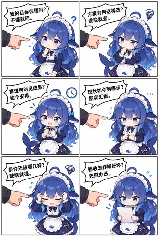 六格漫画,Q 版 DeepSeek 娘穿蓝白女仆装,被画面外伸出的手指连续追问:目标是否清楚、方案为何这样选、何时见成果、现状进行到哪一步、还缺哪几样条件、验收怎么辨好坏。前五格里她双手绞在身前、额头冒汗、尾巴低垂地逐条应对,最后一格捧着稿纸满脸汗珠,呈现被连环追问压得喘不过气的状态。