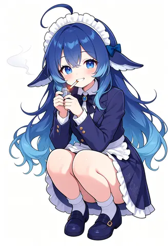DeepSeekちゃんがメイド服でしゃがんだ姿。濃い青の長い髪に白いメイドのヘッドドレスと青いリボン、紺の制服ジャケットに白いエプロンと同系色のスカートを着用し、口にくわえたタバコにライターで火をつけている。横には細い煙が流れている。明るい無地の背景に描かれた全身図。